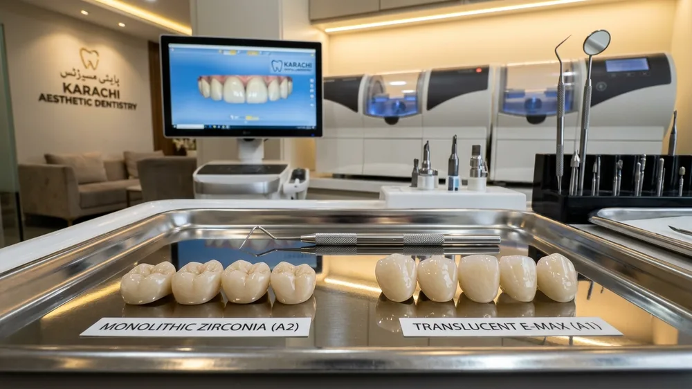 Monolithic Zirconia vs E-max ceramic dental crowns comparison at Dr. Shahid Islam Dental Clinic DHA Phase 5 Karachi