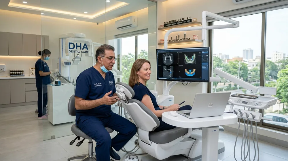 Dental implant planning and 3D CBCT scan review for overseas patient at Dr. Shahid Islam Dental Clinic DHA Phase 5 Karachi