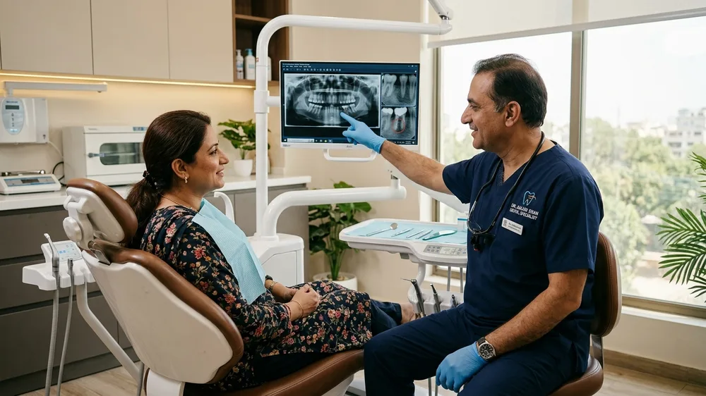 Dental consultation explaining tooth pain after root canal or filling in Karachi