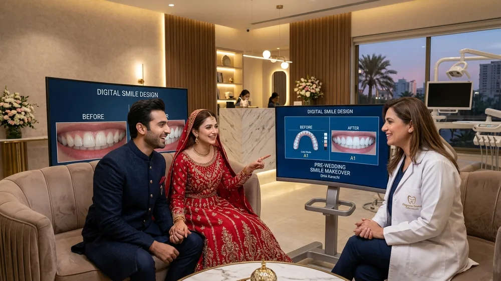 Pre-wedding bridal smile makeover consultation and digital smile design in DHA Phase 5 Karachi